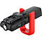 Zwarte LED-zaklamp met rode houder. Met clip, drukknop en oplaadindicator.